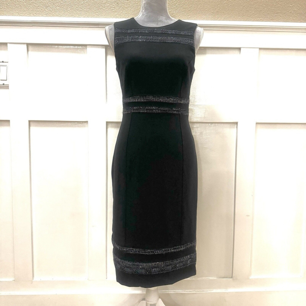 White House Black Market Black Ponte Tweed Striped Insert Knit Sheath Dress Sz 4
